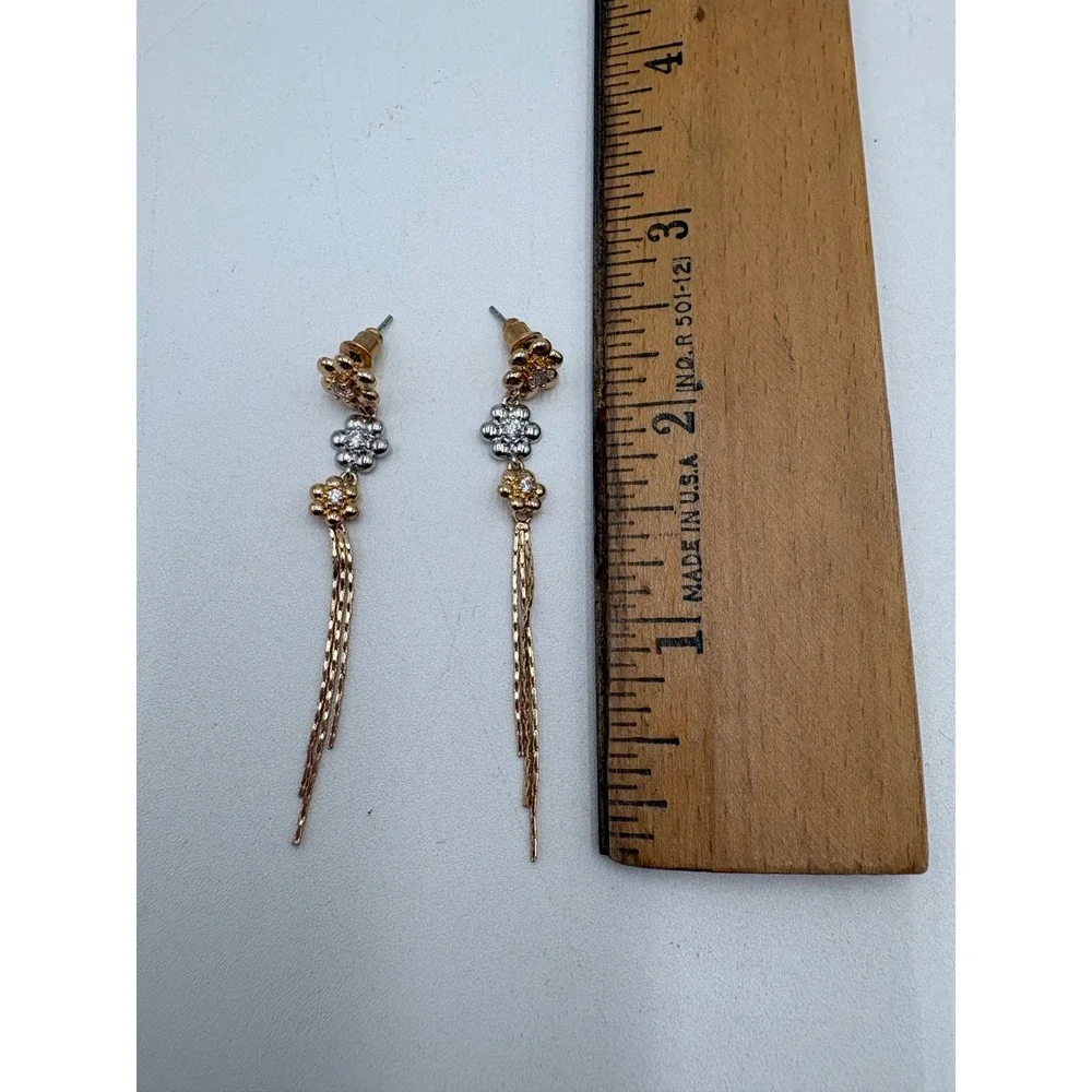Floral Metallic Drop Earrings Gold Silver Tone Mixed Metal Tassel Dangle Womens